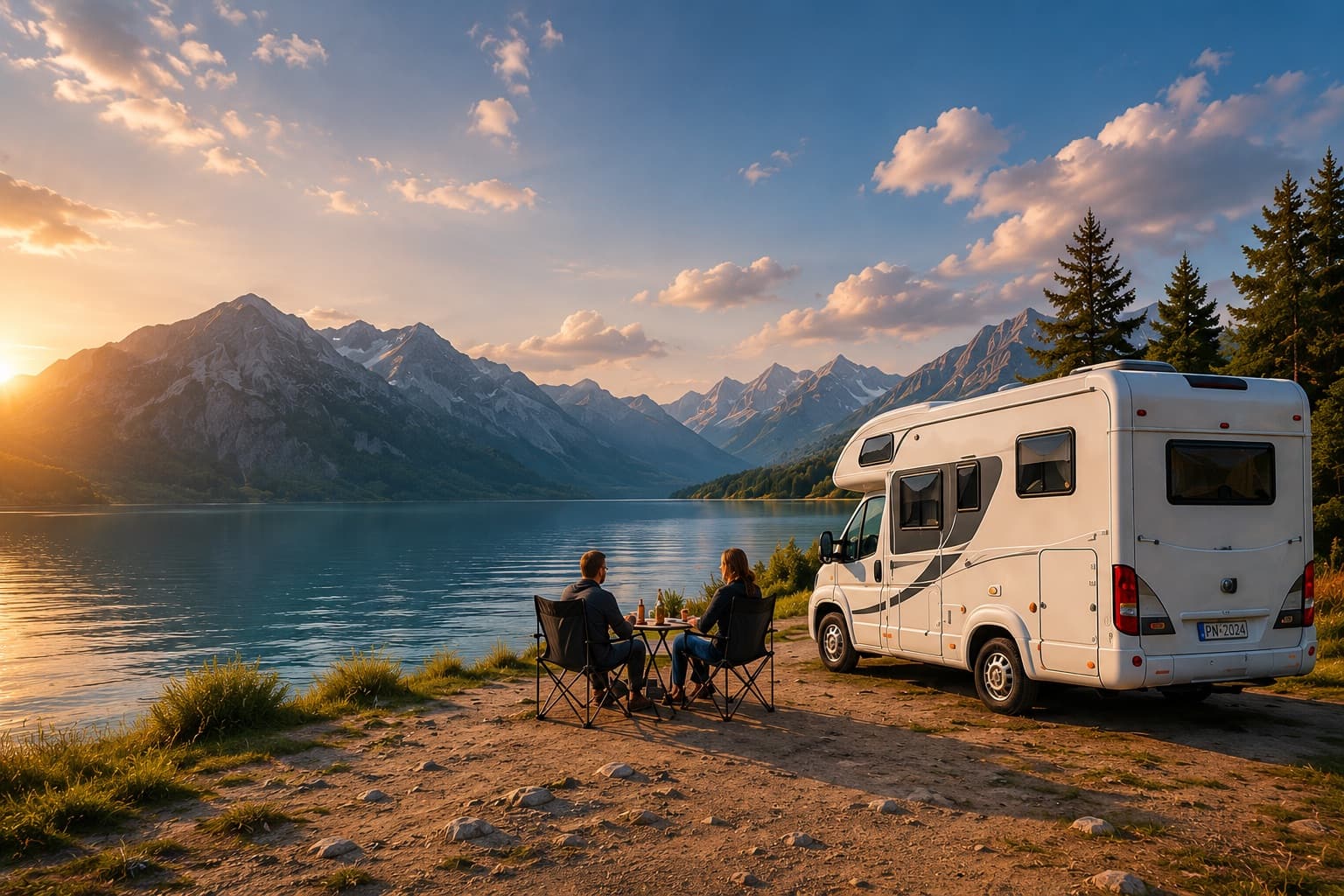 Premium camper by a lake surrounded by mountains